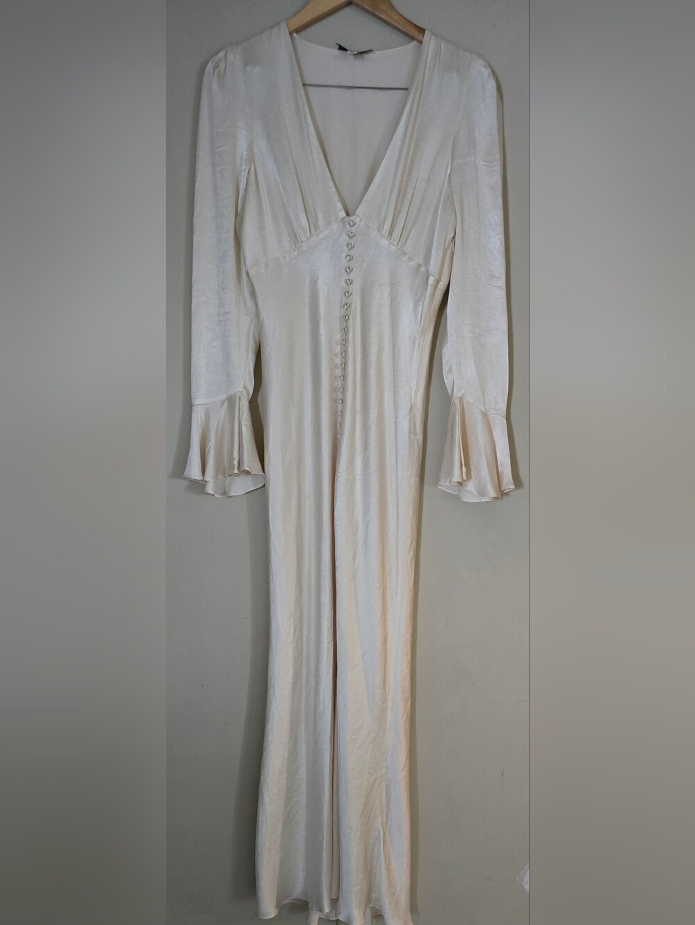 Shona Joy Ivory V‑Neck Satin Maxi Dress with Button Front
